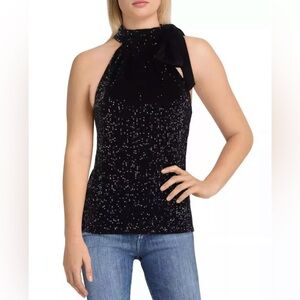 NWT - Ramy Brook Women's Paula Sequined Tie Neck Blouse Tank Top Shirt, Black M